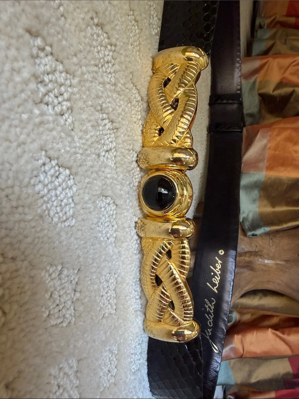 Judith Leiber Black Snakeskin Belt with Gold Twisted Buckle and Onyx Accent